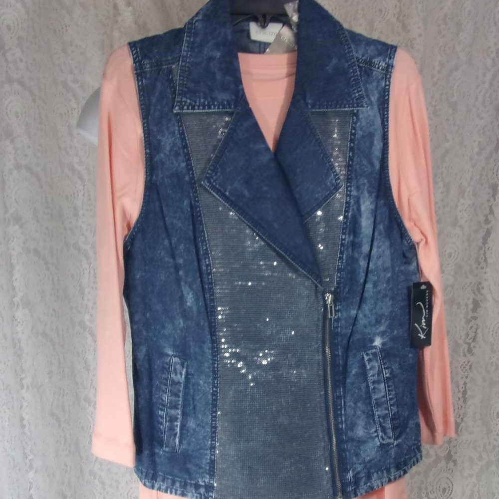 Chico's Vest  Shimmery Metallic Denim Blue & Sequin Moto NWT  Size 2 (12/14)
